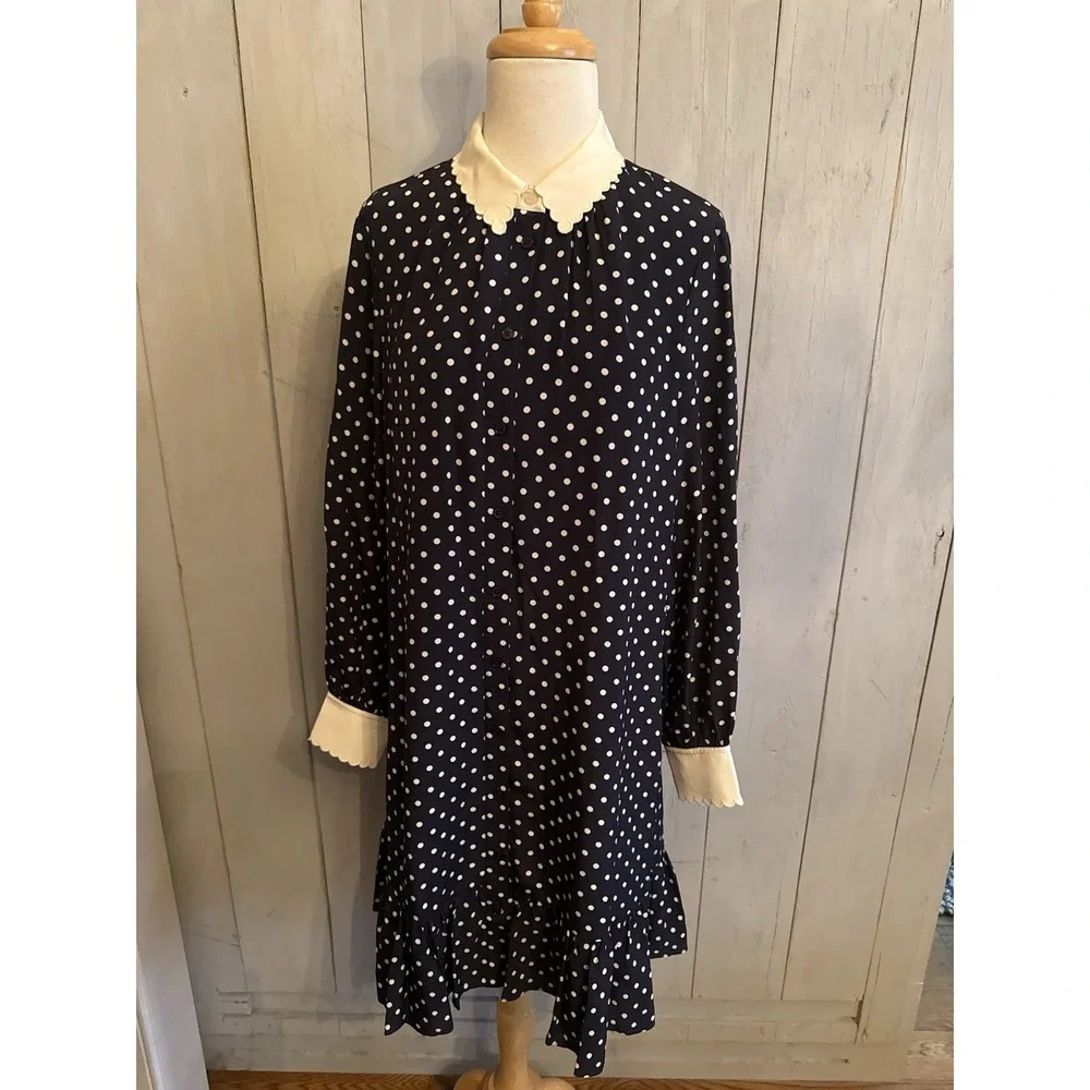 Tory Burch Cora Silk Dress 6 Button Up Preppy Classic Navy Polka Dot‎ New $498